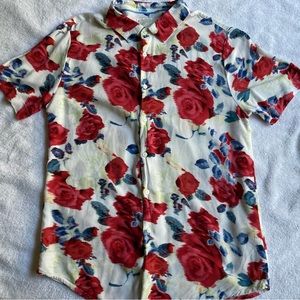 White with Red Floral Button Down Shirt - 100% Viscose